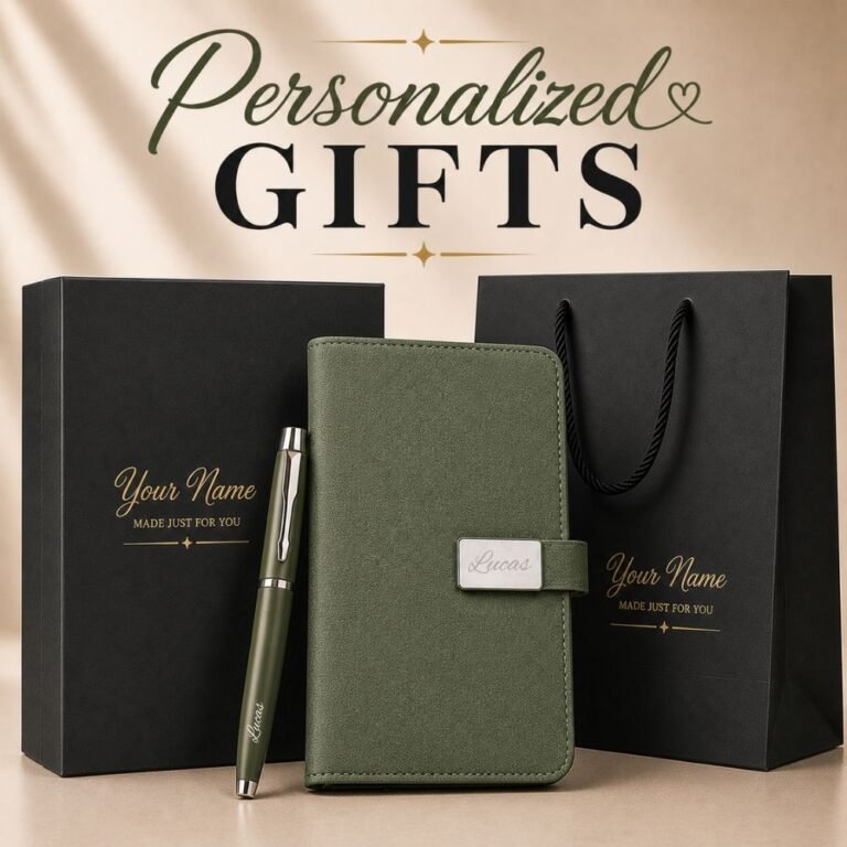 Personalized A5 notebook gift set with custom name and metal pen