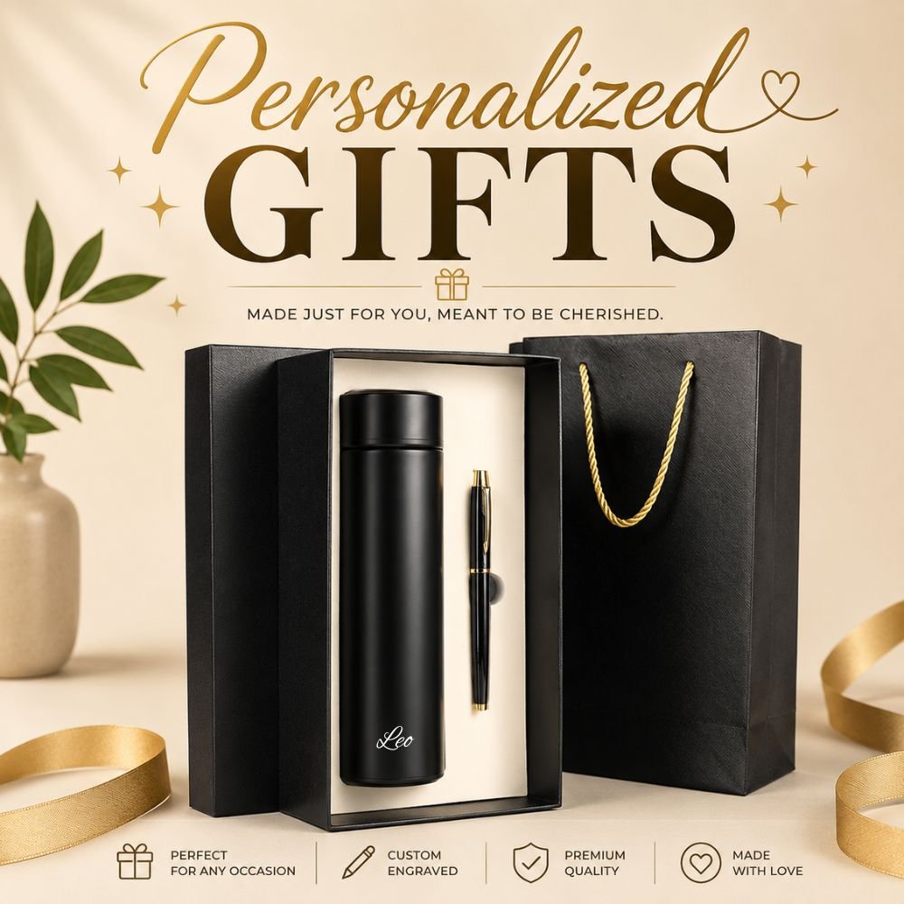 Personalized Thermos Bottle and Pen Gift Set with Custom Name