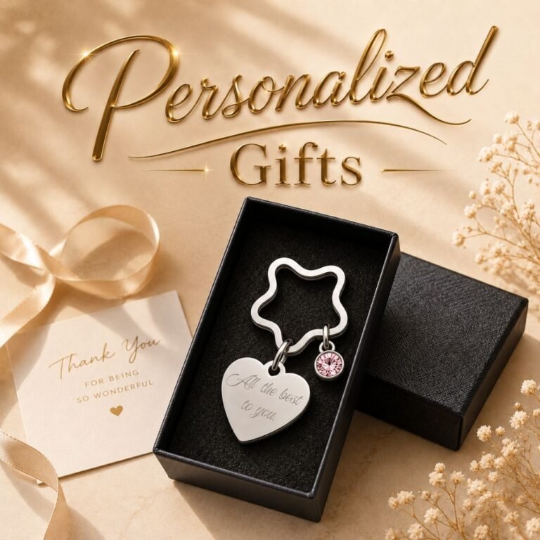 Personalized keychain with custom engraved heart charm and pink crystal, presented in a black gift box.