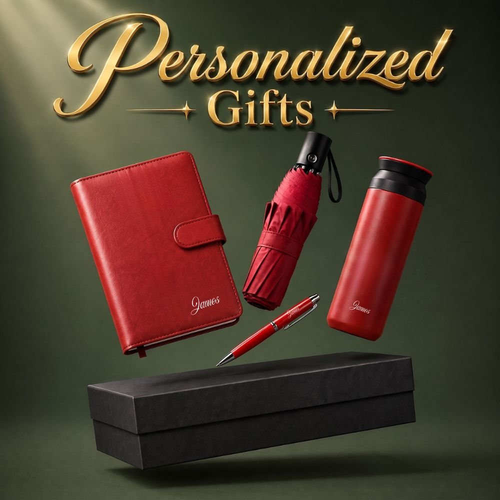 Personalized 4-in-1 Gift Set with notebook, tumbler, pen and umbrella in custom gift box