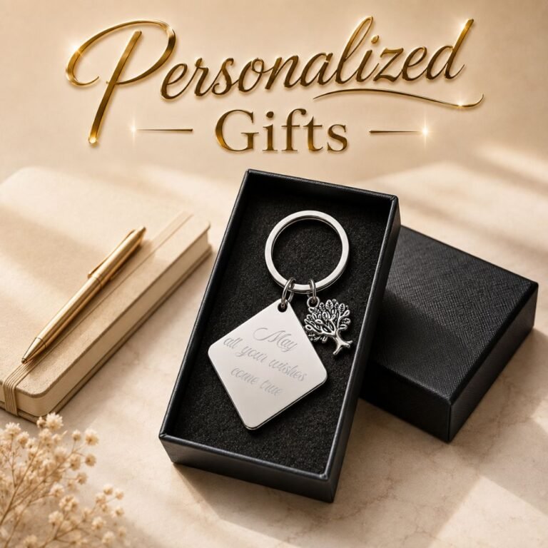 Personalized keychain with custom engraved heart charm and pink crystal, presented in a black gift box.