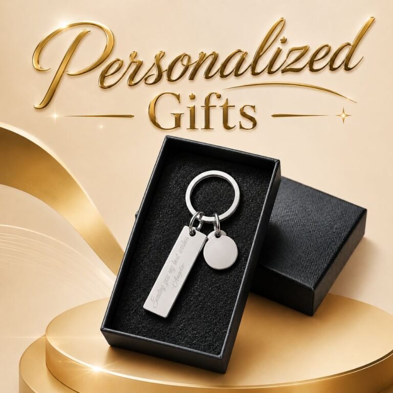 Personalized keychain with custom engraved heart charm and pink crystal, presented in a black gift box.