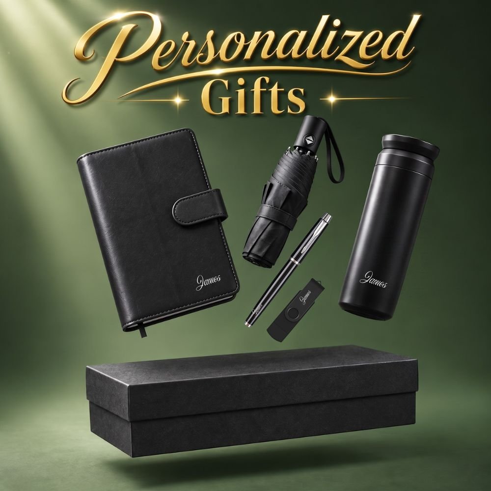 Personalized 5-in-1 Gift Set with notebook, tumbler, pen, pendrive and umbrella in custom gift box