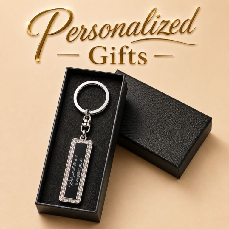 Personalized keychain with custom engraved heart charm and pink crystal, presented in a black gift box.