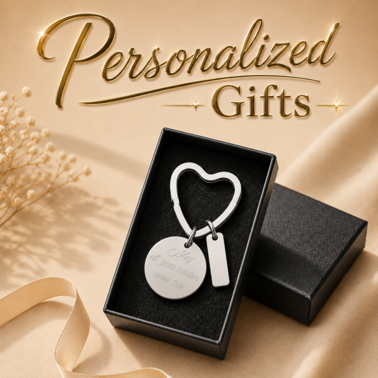 Personalized keychain with custom engraved heart charm and pink crystal, presented in a black gift box.