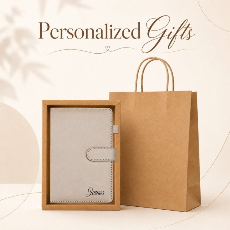 Personalized custom name leather notebook gift set with gift box and kraft paper bag