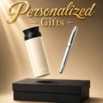 Personalized thermos flask and pen gift set with custom name engraving in gift box