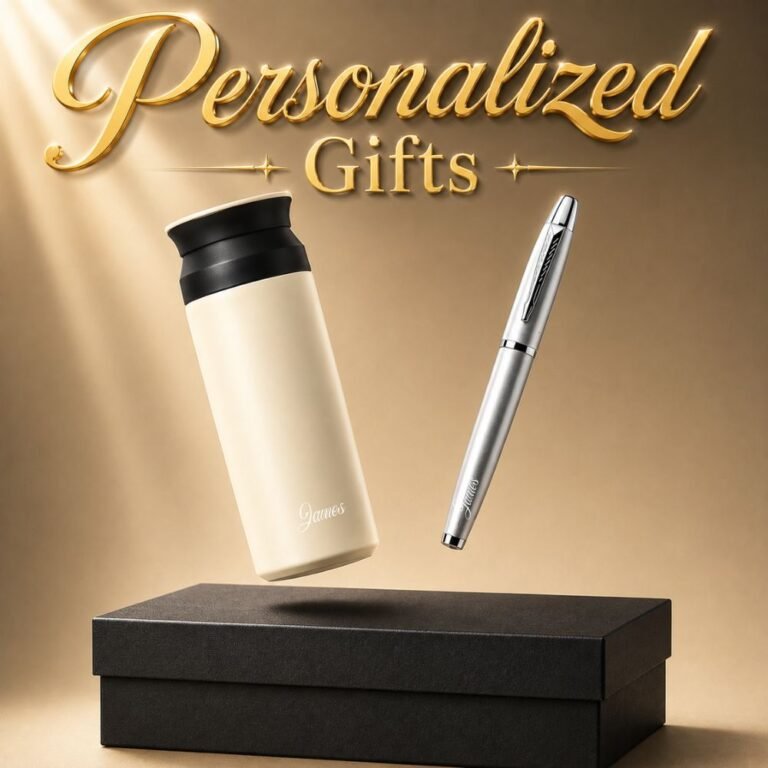 Personalized thermos flask and pen gift set with custom name engraving in gift box
