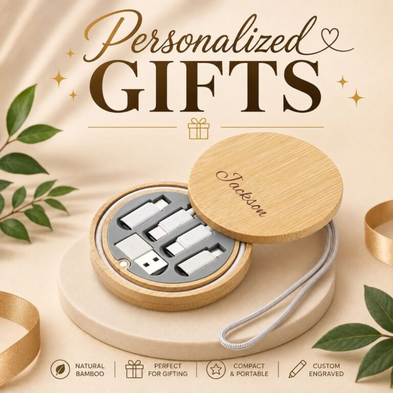 6 in 1 bamboo fast charging cable 60W with multi connectors and round bamboo storage case