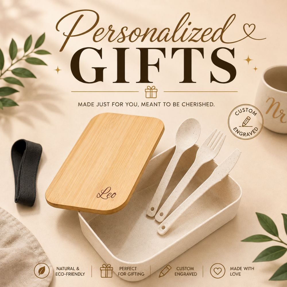 Personalized wooden lunch box with custom name engraving and cutlery set