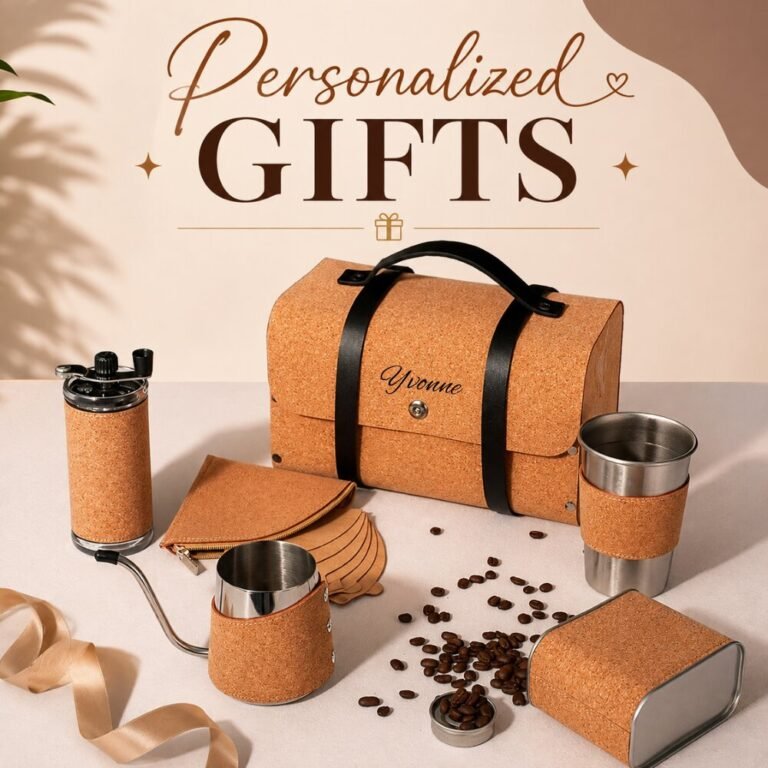 Personalized Coffee Gift Set with natural cork case and coffee accessories