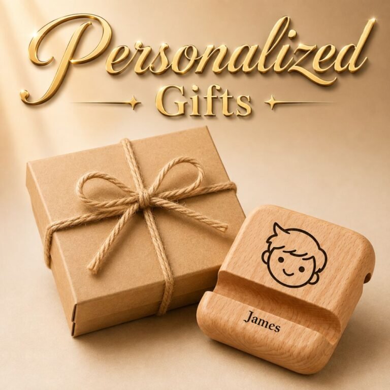 Personalized wooden phone stand with custom name engraving in kraft gift box