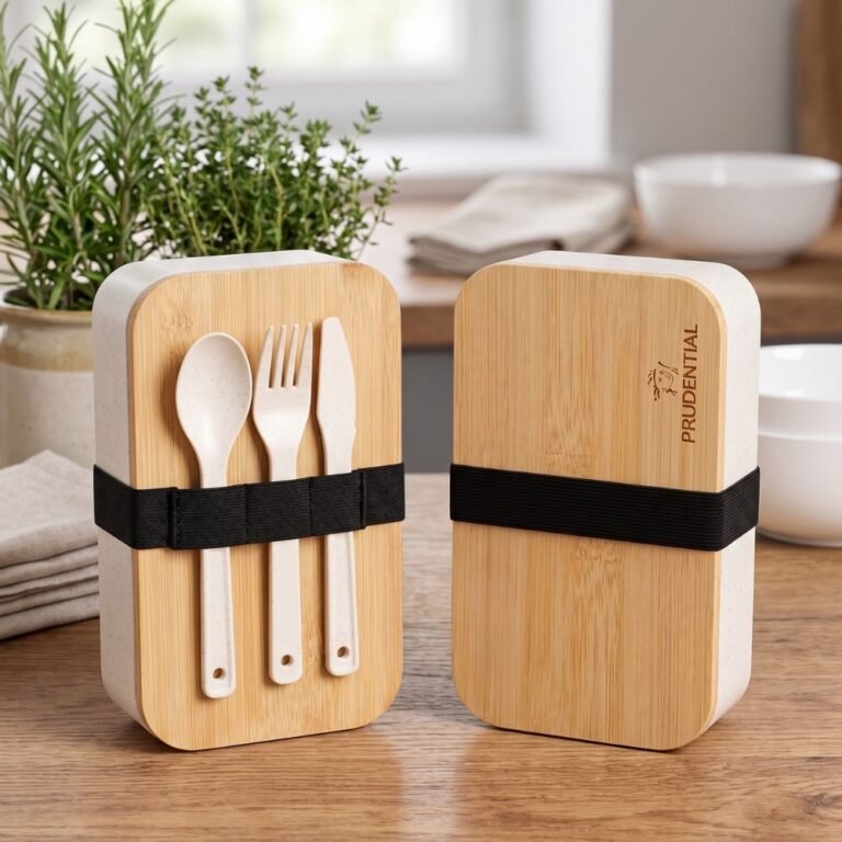 Custom bamboo lunch box with cutlery and company logo for corporate gifts