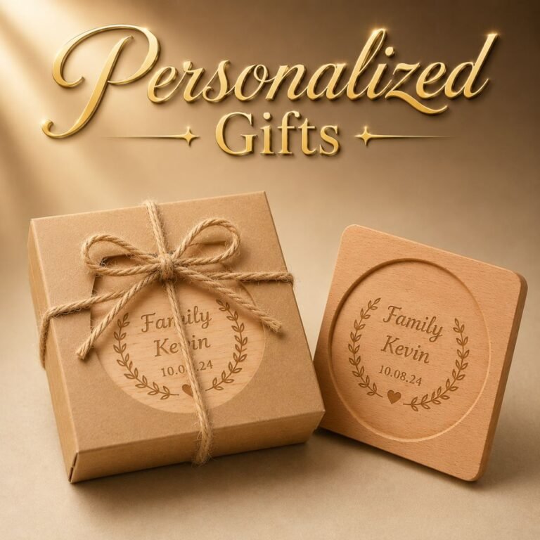 Personalized wooden coaster with custom name engraving in kraft gift box