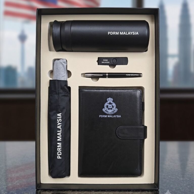 Custom 5-in-1 corporate gift set with logo, including tumbler, notebook, pen, USB drive and umbrella