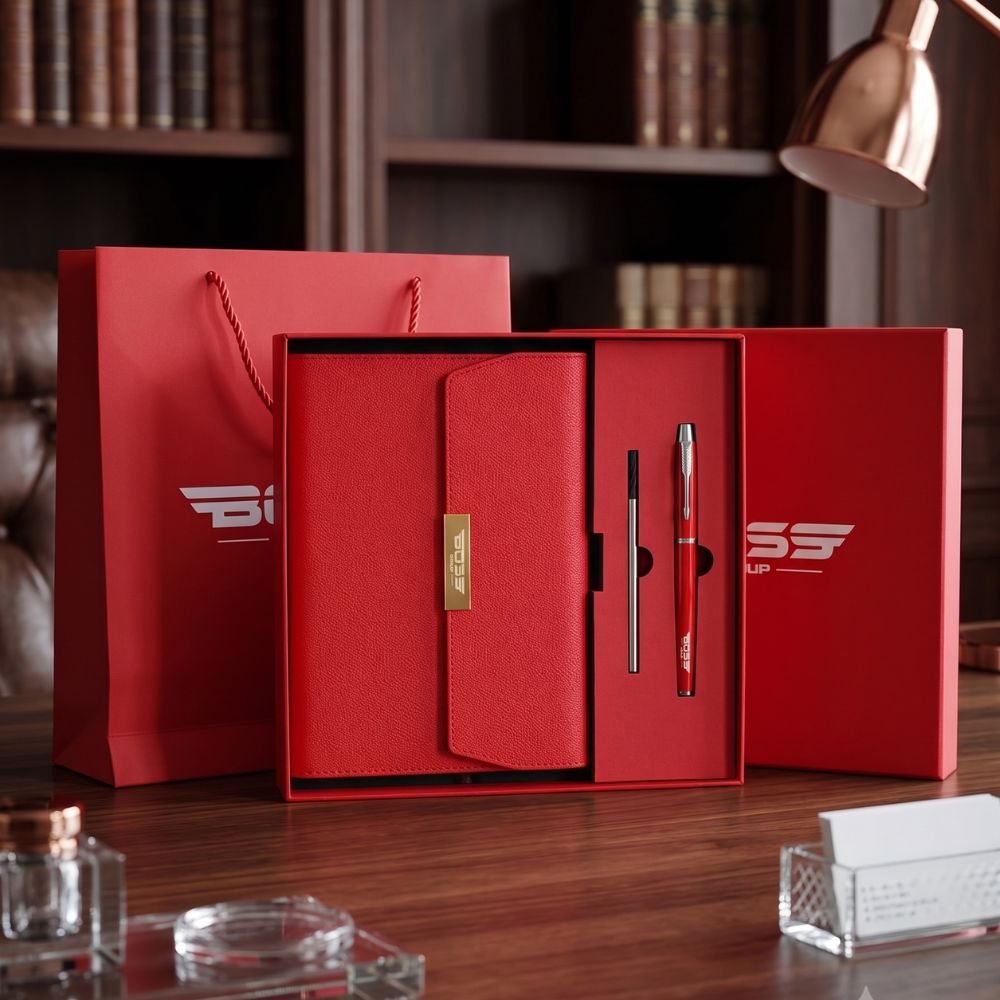 Custom notebook gift set with pen, refill ink and company logo for corporate gifts