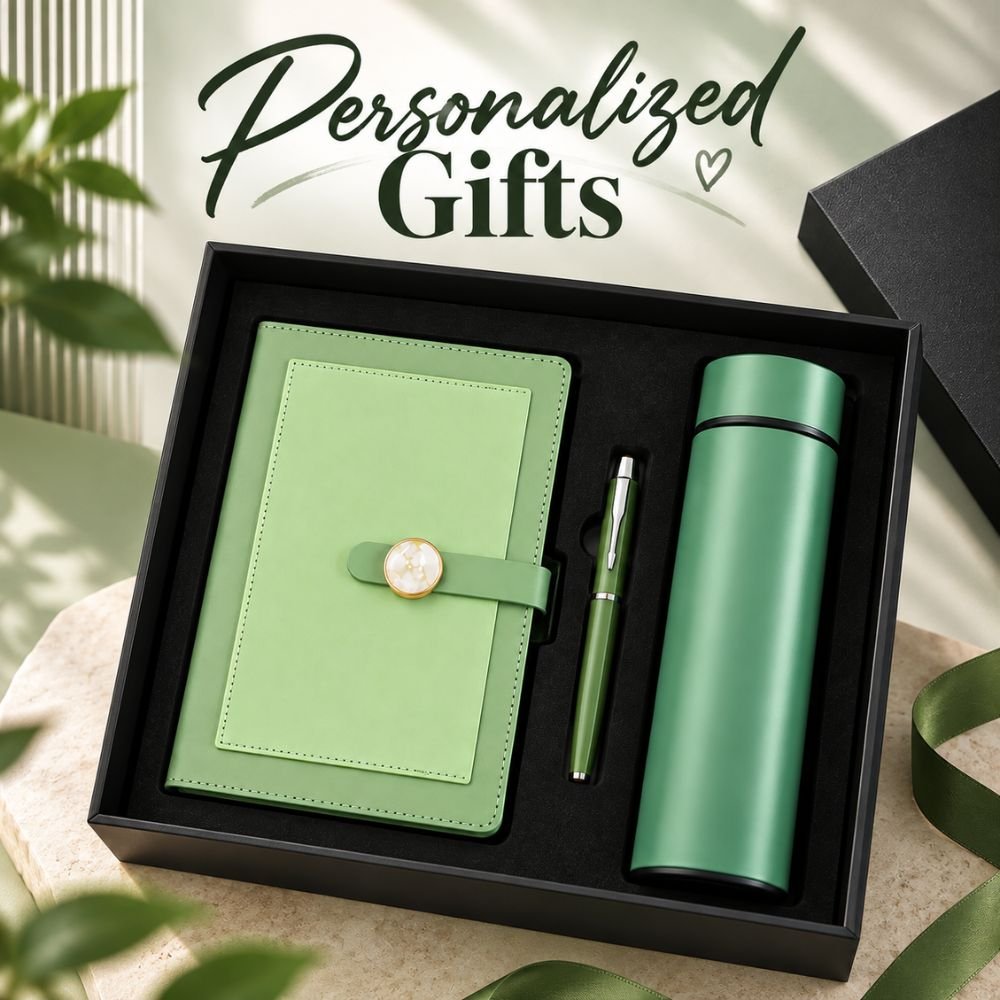 Personalized 3 in 1 thermos notebook pen gift set with custom name engraving in gift box
