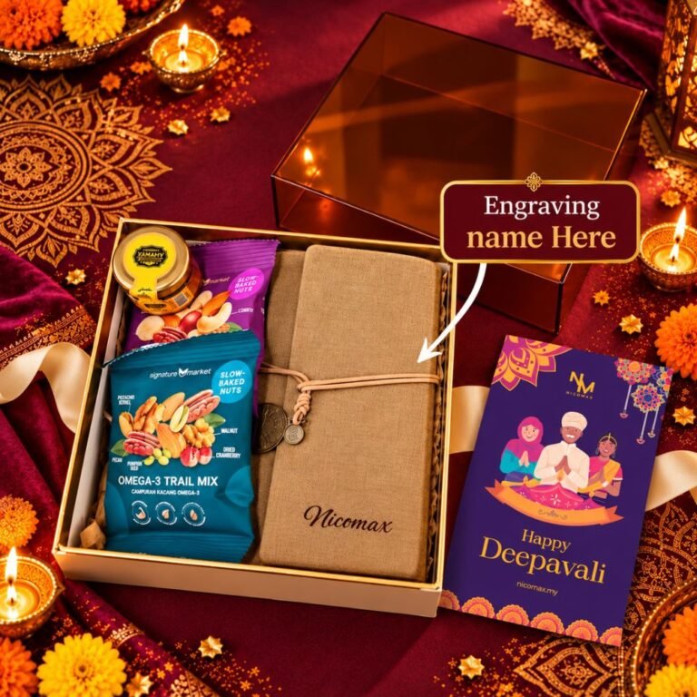 Personalised Deepavali Gift Set with custom name engraved wooden tag, elegant ribbon and festive gift box