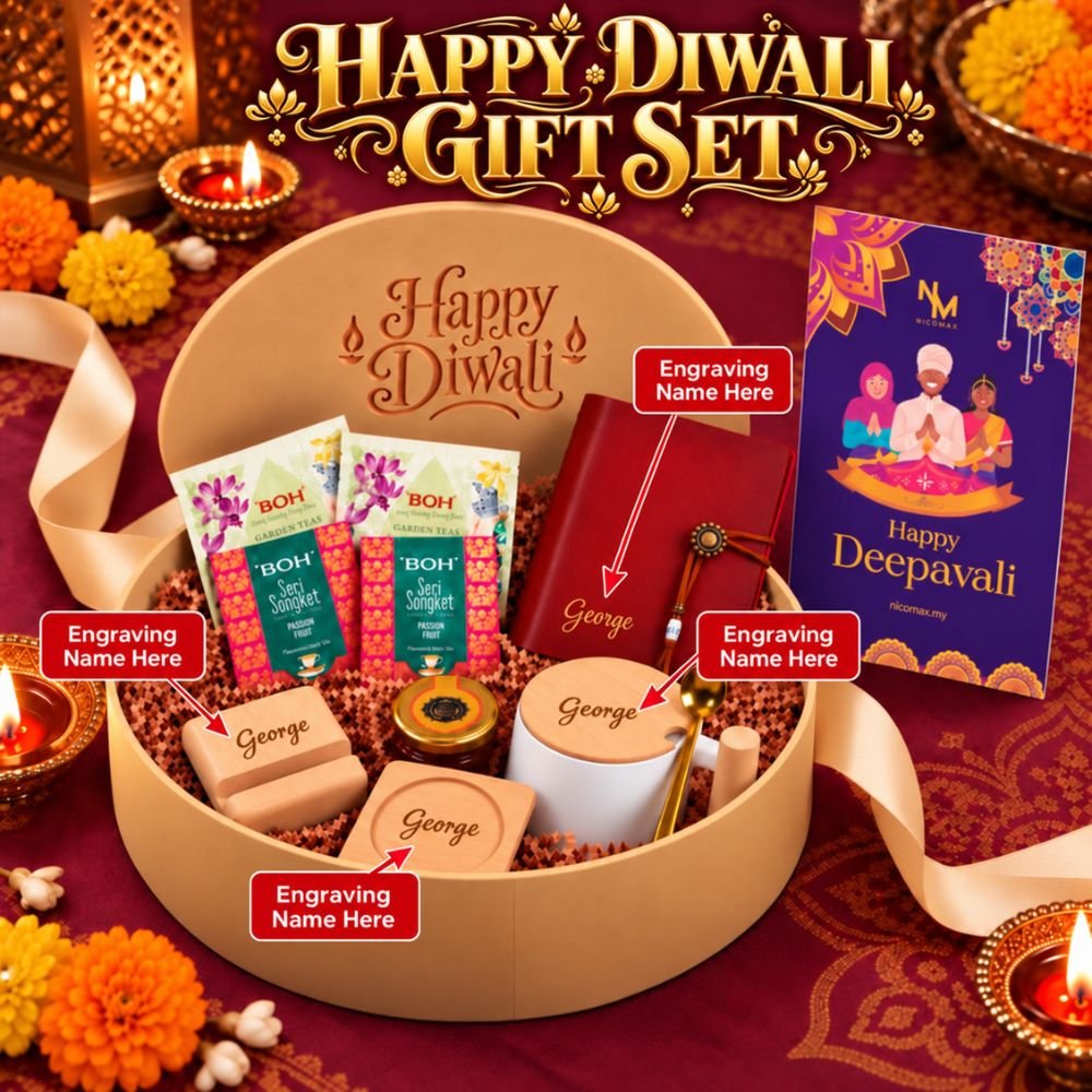 Personalised Deepavali Gift Box with festive treats and custom name engraving