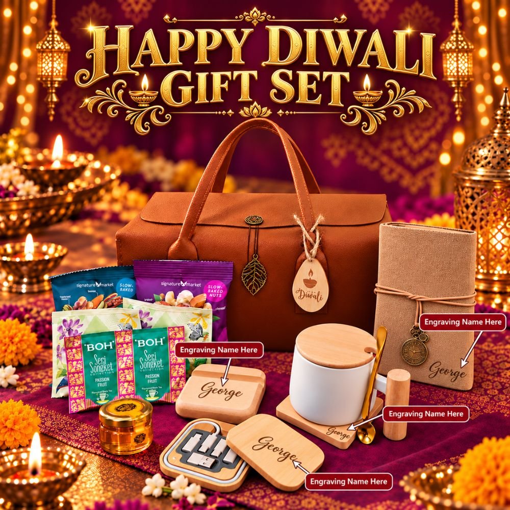 Personalised Deepavali Gift Set with custom name engraved notebook, wooden accessories, tea and festive treats